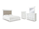 Kanwyn Whitewash Cal King Upholstered Panel Bed, Dresser, Mirror And Chest