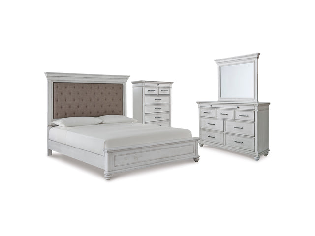 Kanwyn Whitewash King Upholstered Panel Bed, Dresser, Mirror And Chest