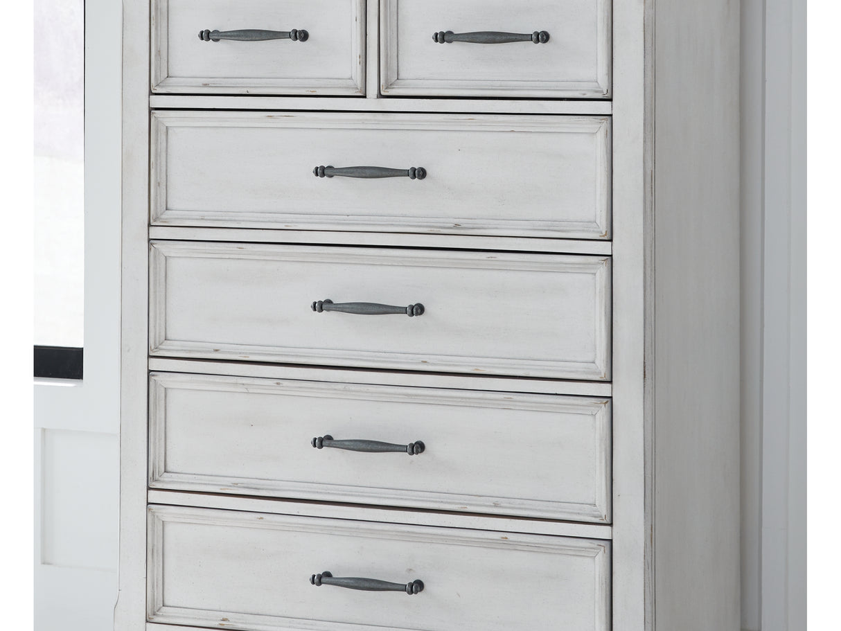 Kanwyn Whitewash King Upholstered Panel Bed, Dresser, Mirror And Chest