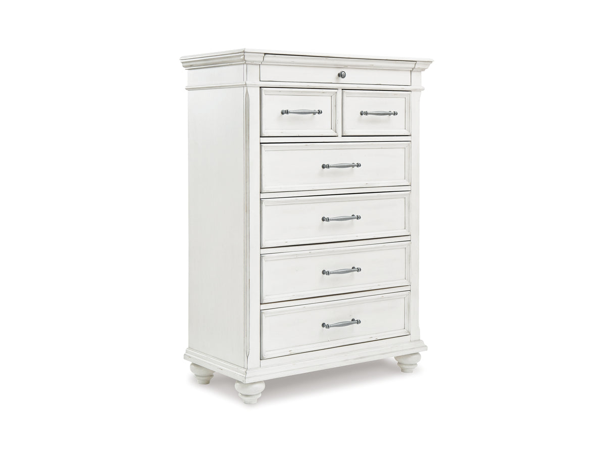 Kanwyn Whitewash King Upholstered Panel Bed, Dresser, Mirror And Chest
