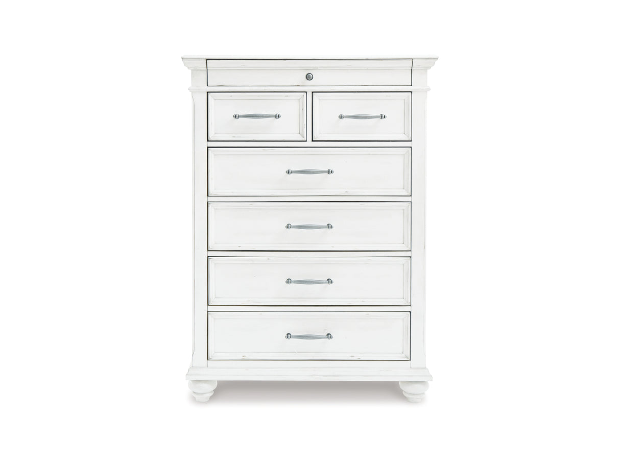 Kanwyn Whitewash Cal King Upholstered Panel Bed, Dresser, Mirror And Chest
