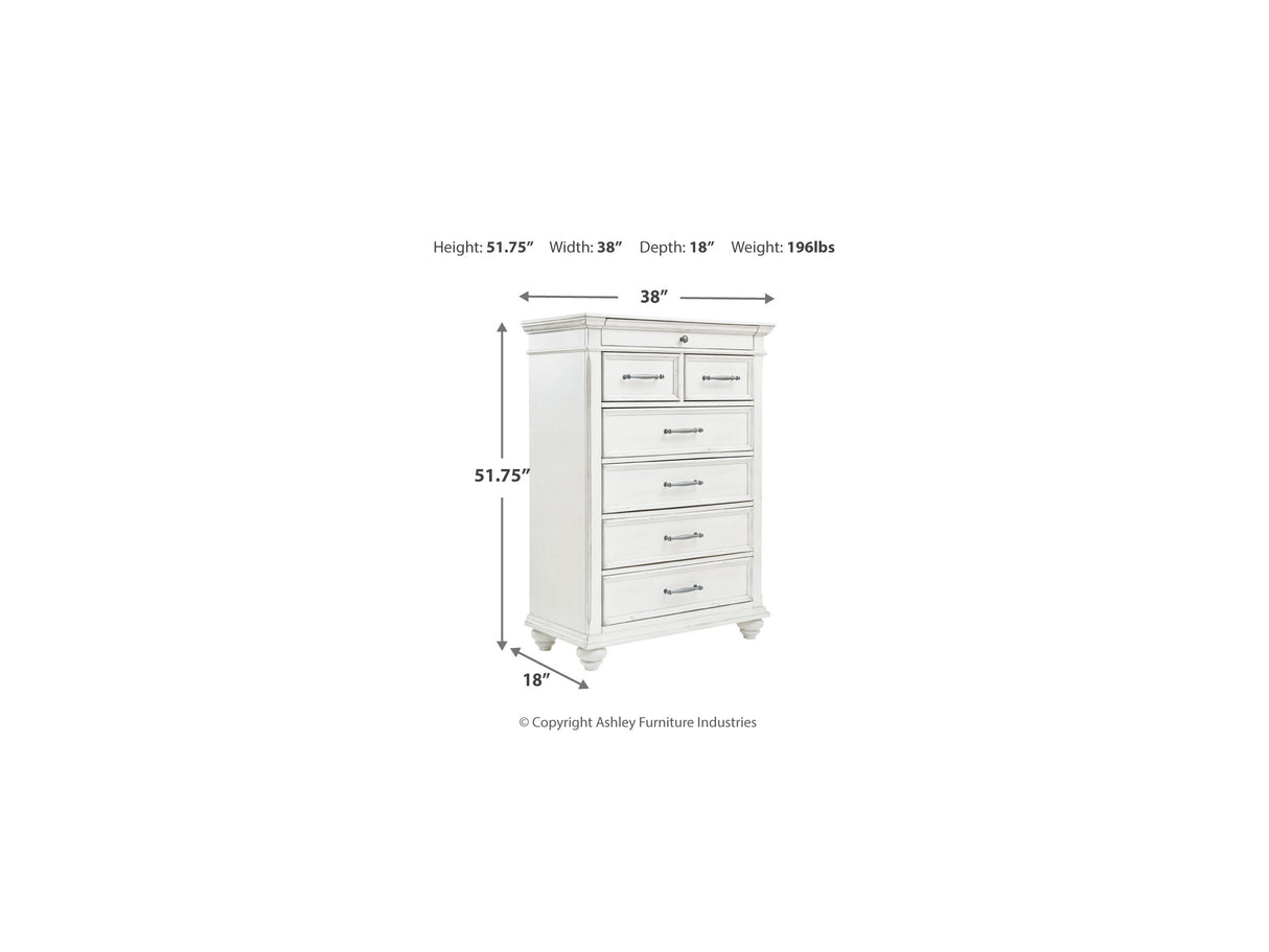 Kanwyn Whitewash King Upholstered Panel Bed, Dresser, Mirror And Chest