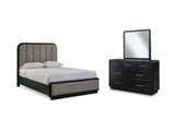 Rowanbeck Black Queen Upholstered Panel Bed, Dresser And Mirror
