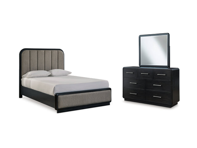 Rowanbeck Black Queen Upholstered Panel Bed, Dresser And Mirror