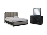 Rowanbeck Black California King Upholstered Panel Bed, Dresser And Mirror