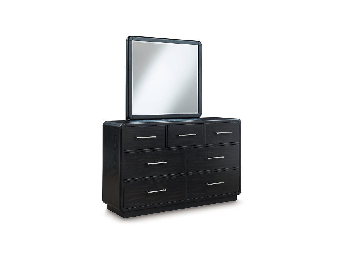 Rowanbeck Black Queen Upholstered Panel Bed, Dresser And Mirror