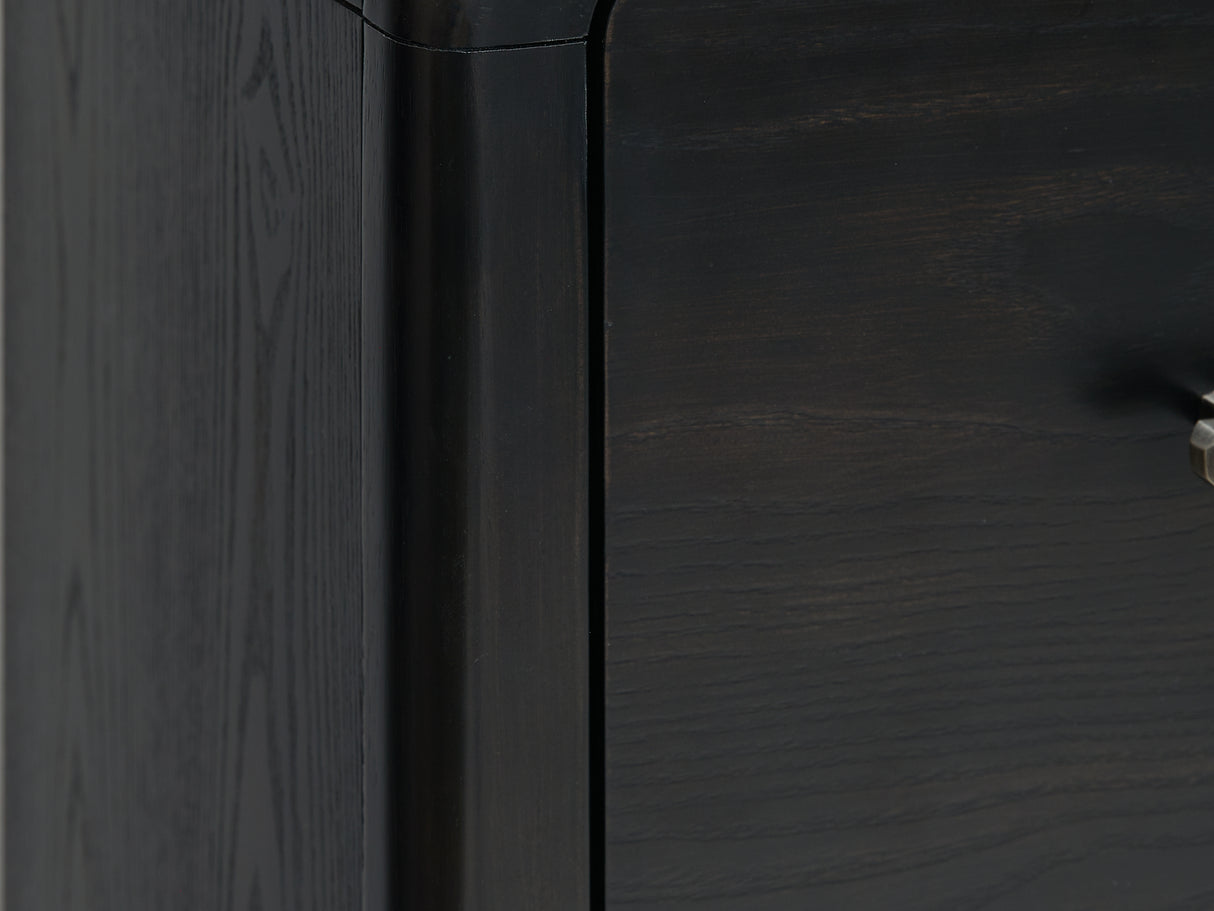 Rowanbeck Black California King Upholstered Panel Bed, Dresser And Mirror