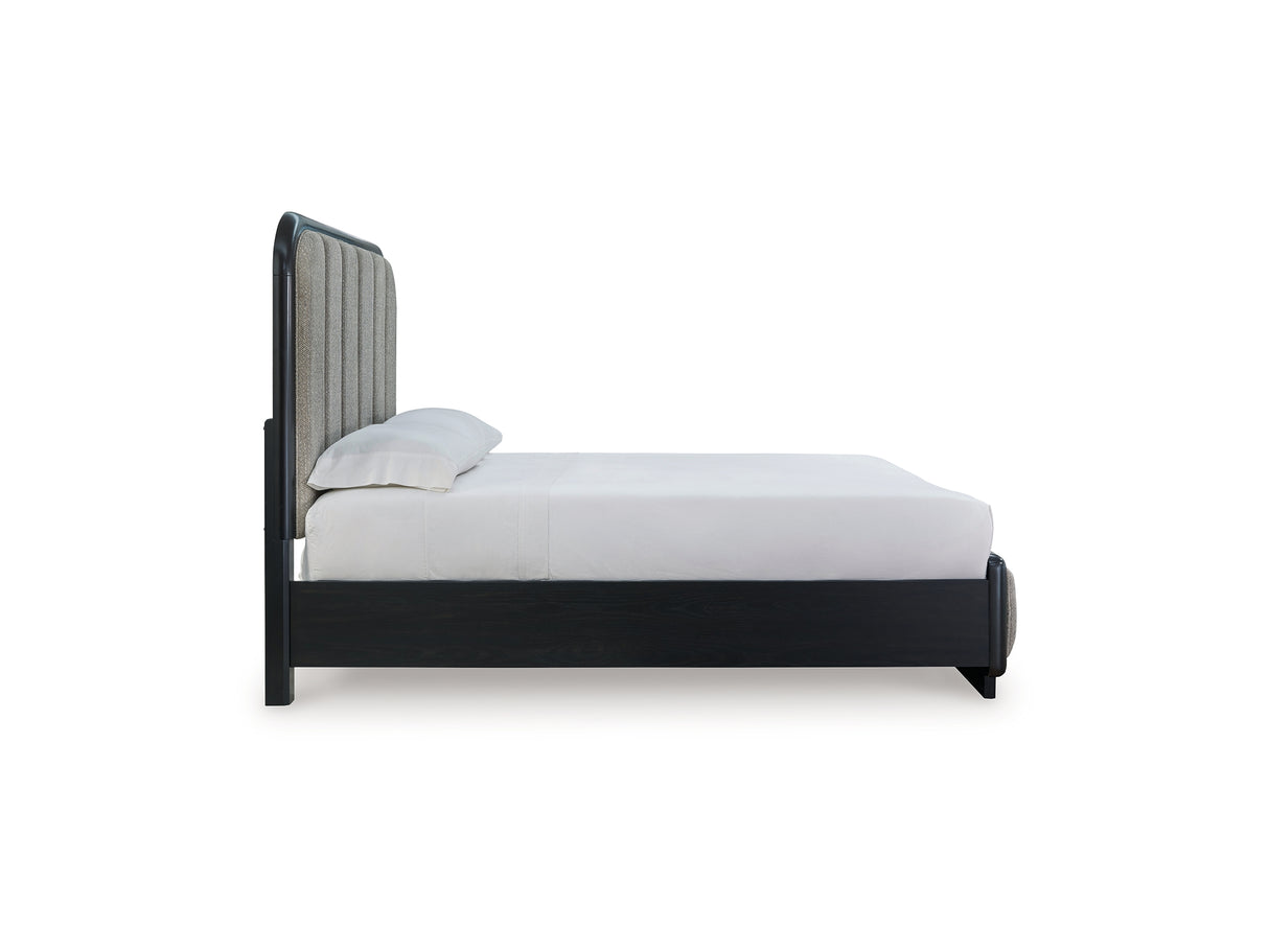 Rowanbeck Black Queen Upholstered Panel Bed, Dresser And Mirror
