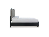 Rowanbeck Black Queen Upholstered Panel Bed, Dresser And Mirror