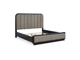 Rowanbeck Black California King Upholstered Panel Bed, Dresser And Mirror
