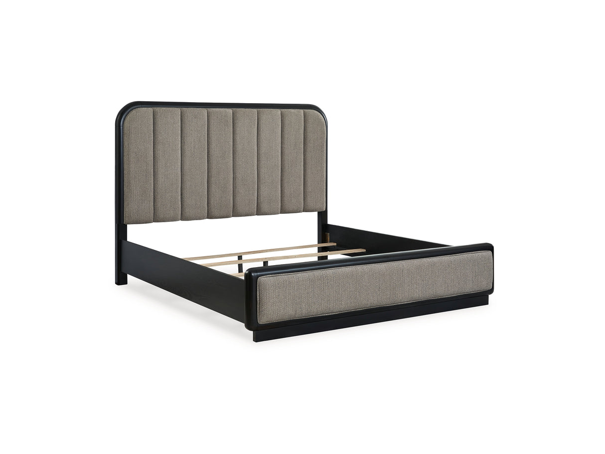 Rowanbeck Gray/Black California King Upholstered Panel Bed