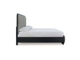 Rowanbeck Black California King Upholstered Panel Bed, Dresser And Mirror