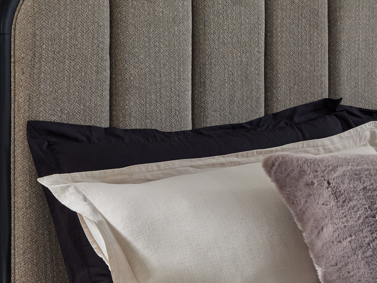 Rowanbeck Gray/Black California King Upholstered Panel Bed