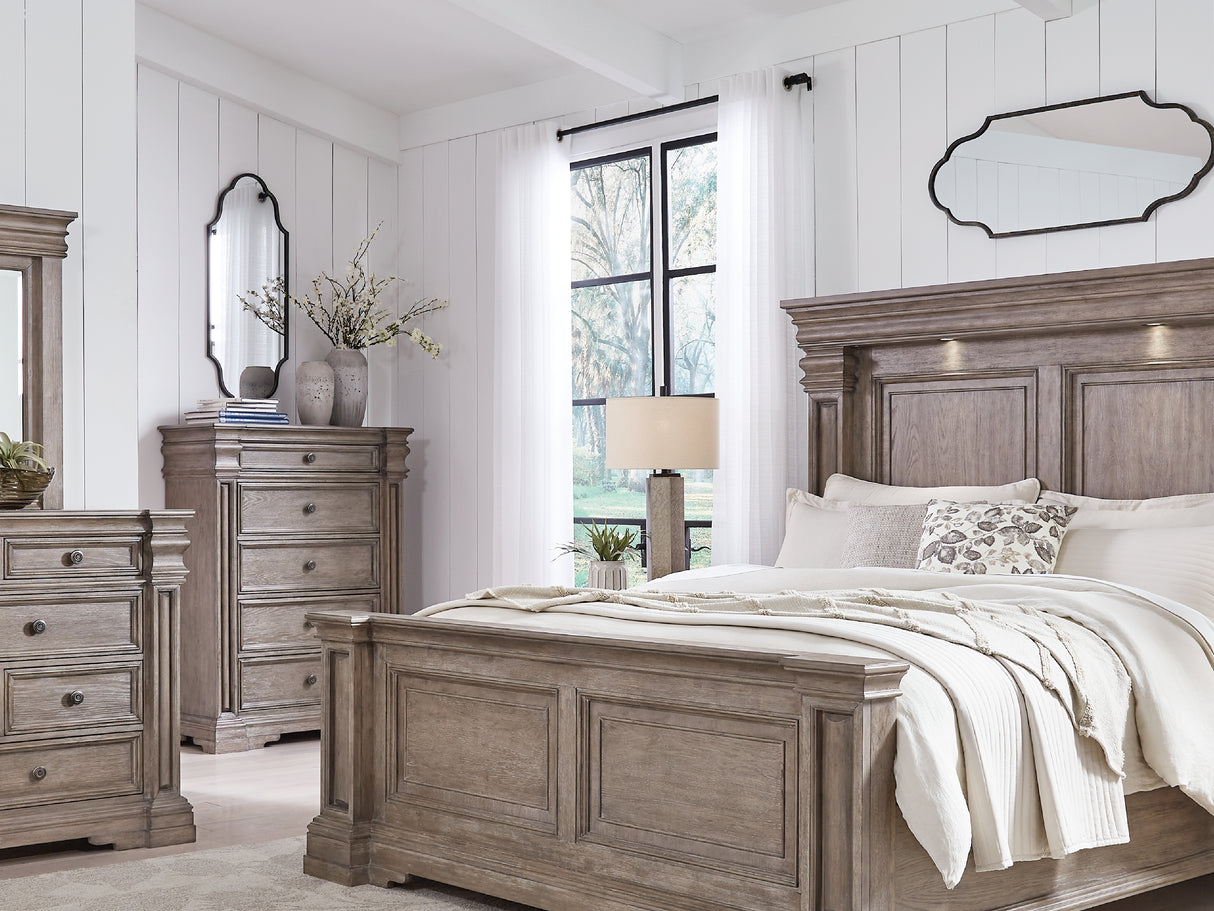 Blairhurst Light Grayish Brown King Panel Bed, Dresser And Mirror