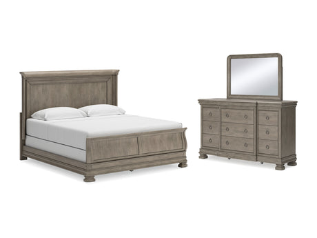 Lexorne Gray King Sleigh Bed, Dresser And Mirror