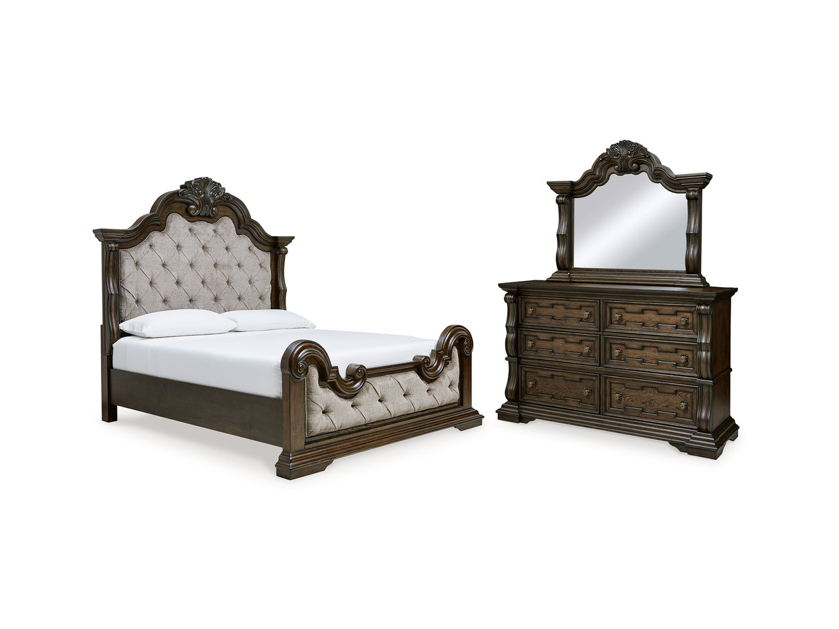 Maylee Dark Brown California King Upholstered Bed, Dresser And Mirror