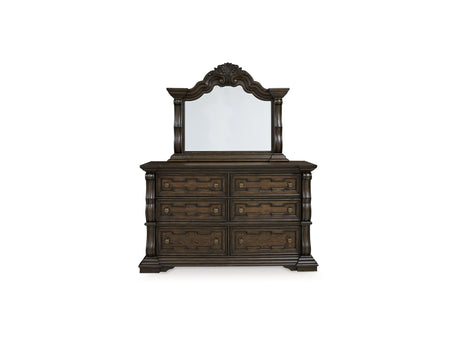 Maylee Dark Brown Queen Upholstered Bed, Dresser And Mirror