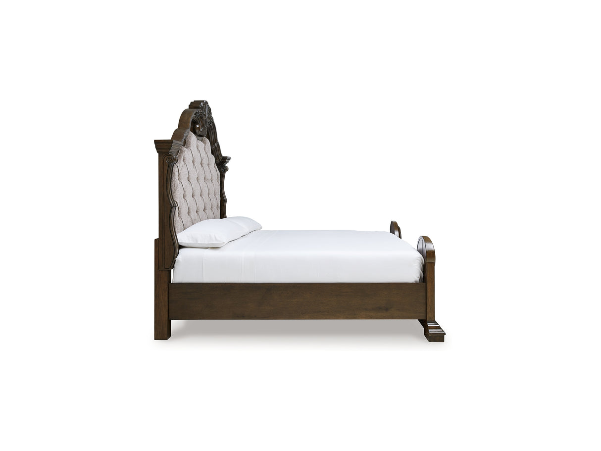 Maylee Dark Brown California King Upholstered Bed, Dresser And Mirror
