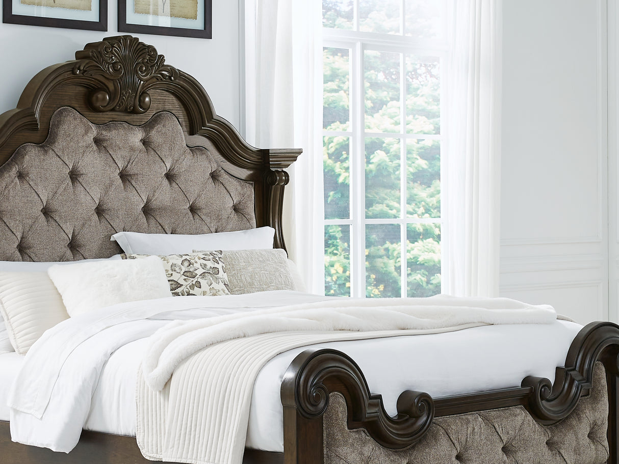 Maylee Dark Brown King Upholstered Bed, Dresser And Mirror