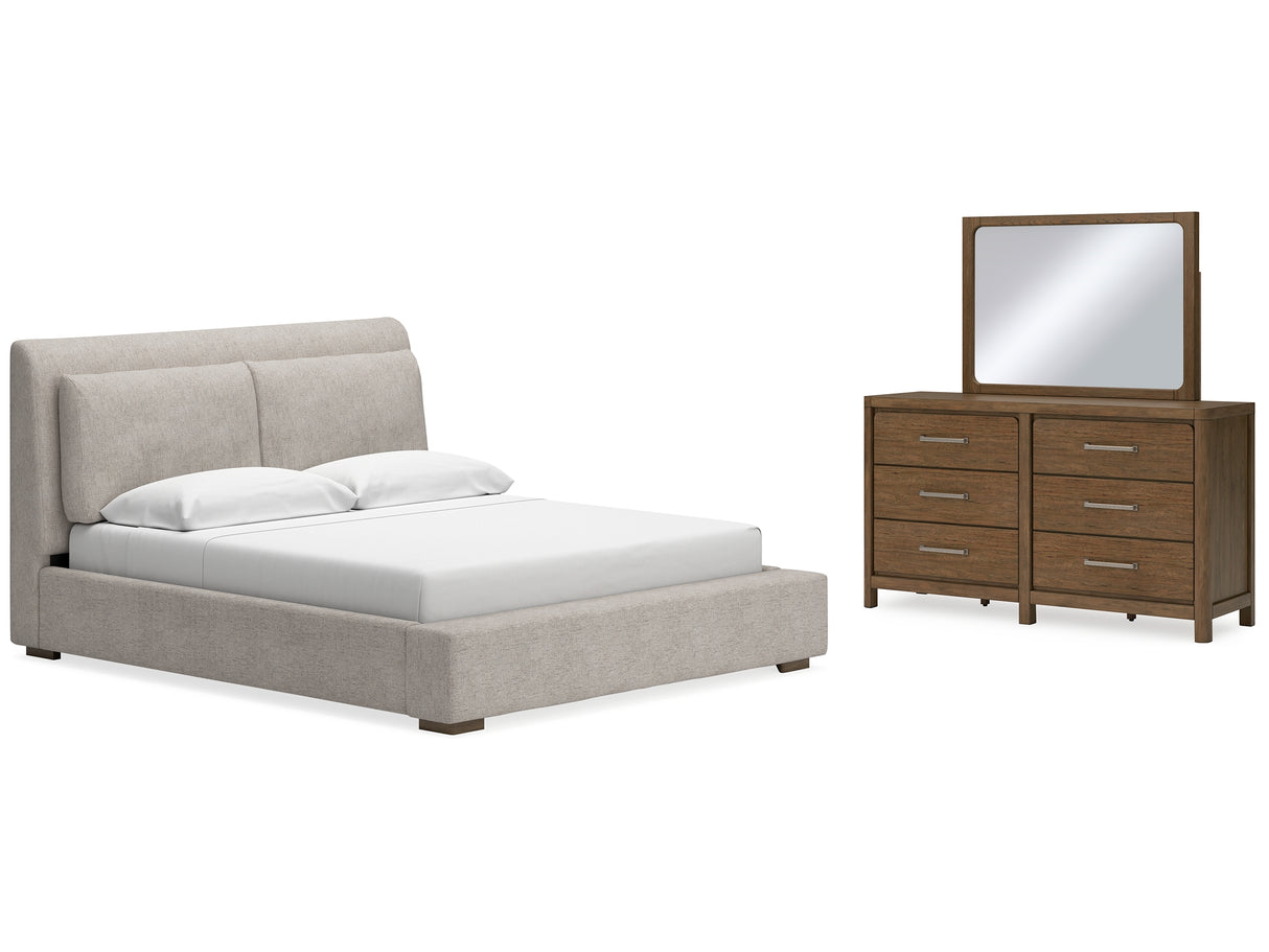 Cabalynn Light Brown California King Upholstered Bed, Dresser And Mirror
