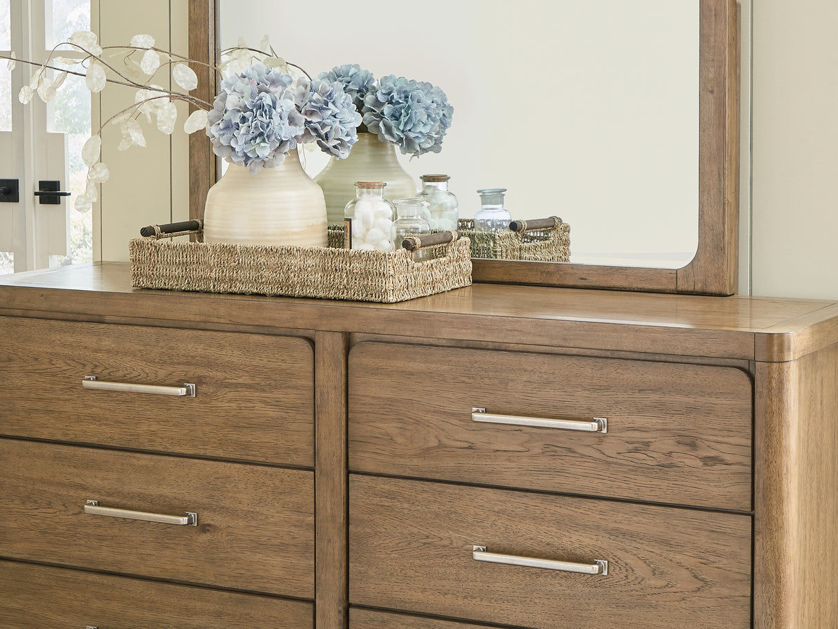 Cabalynn Light Brown California King Upholstered Bed, Dresser And Mirror