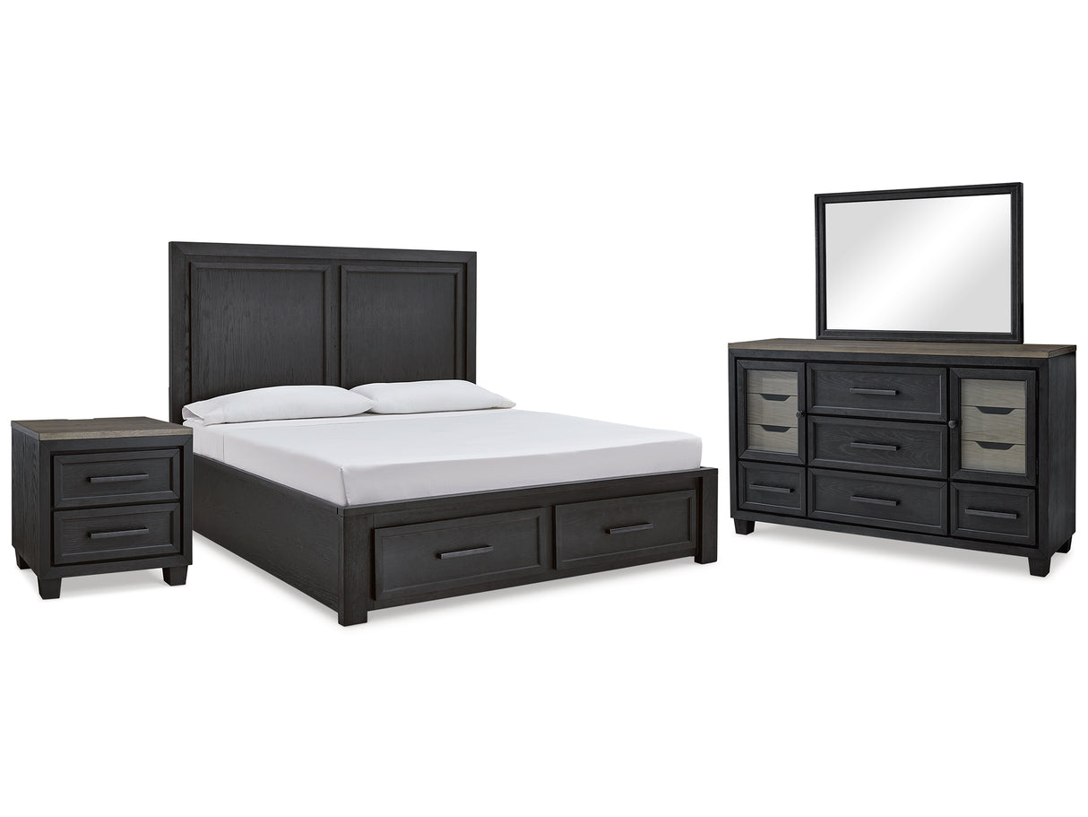 Foyland Black/Brown Queen Storage Bed, Dresser, Mirror And Nightstand