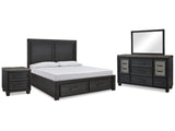 Foyland Black/Brown Queen Storage Bed, Dresser, Mirror And Nightstand