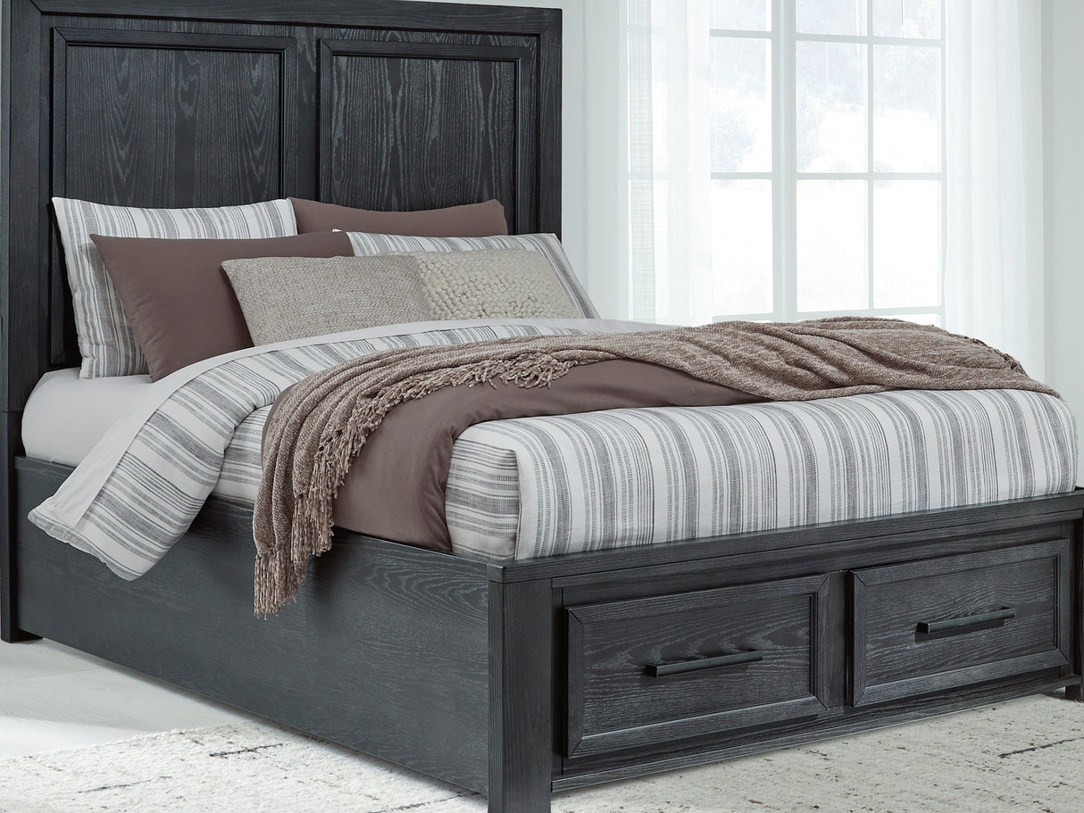 Foyland Black/Brown Queen Storage Bed, Dresser, Mirror And Nightstand
