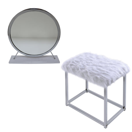 Adao Faux Fur, Mirror, White & Chrome Finish Vanity Mirror
