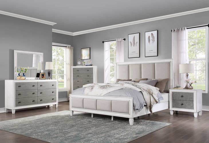Katia Light Gray Linen, Rustic Gray & Weathered White Finish Queen Bed