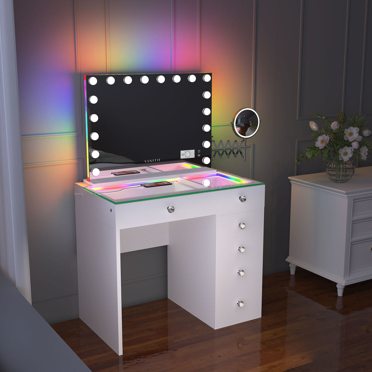 Mini Diana Vanity Desk with Hollywood Style RGB Music Mirror