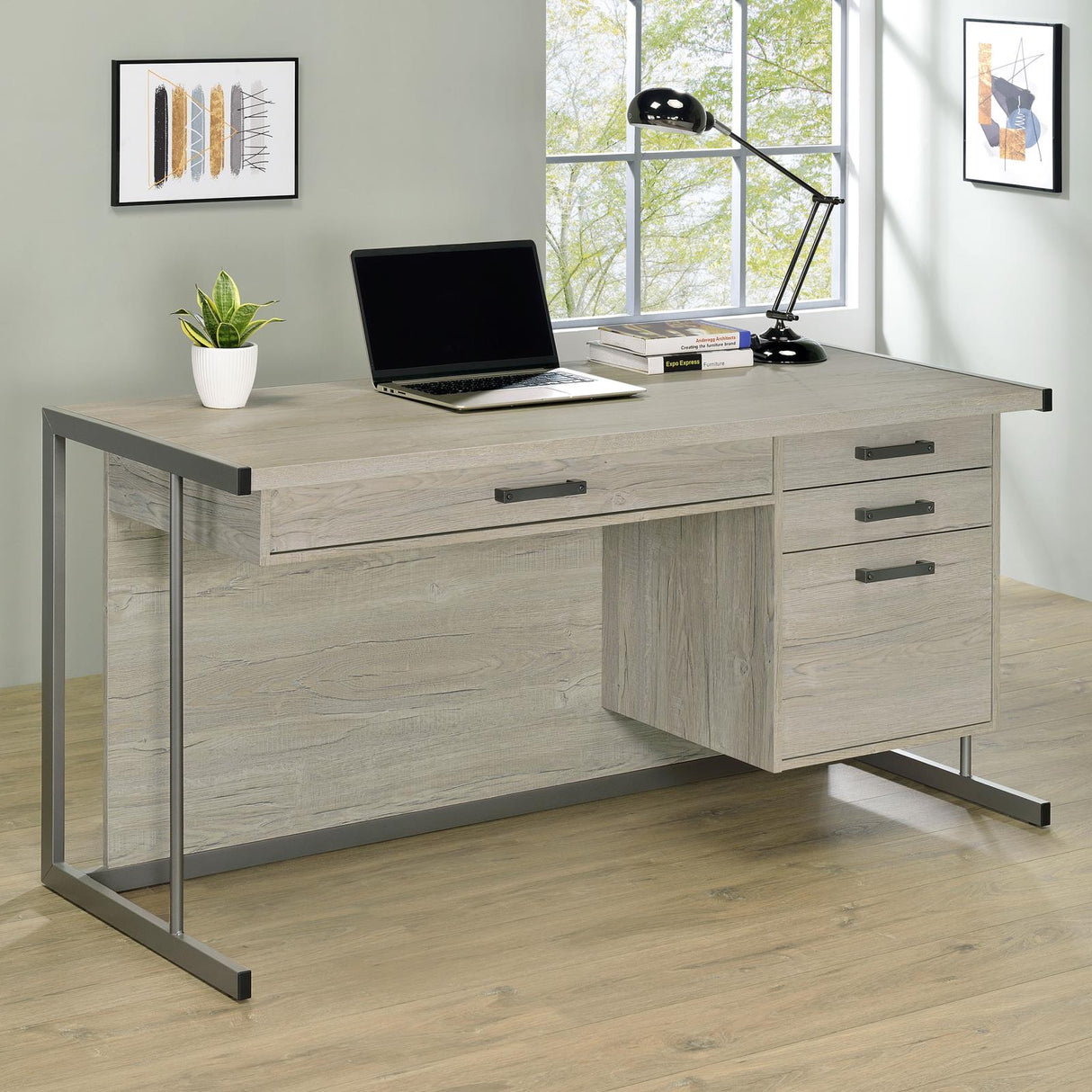 Loomis Whitewashed Grey And Gunmetal 4 Drawer Rectangular Home Office Set