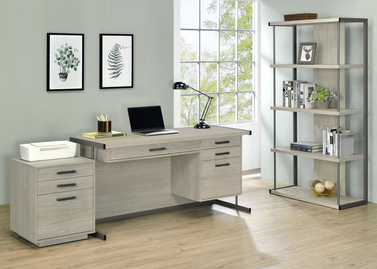 Loomis Whitewashed Grey And Gunmetal 4 Drawer Rectangular Home Office Set