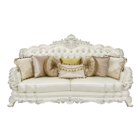 Adara Pearl White Synthetic Leather & Antique White Finish Sofa