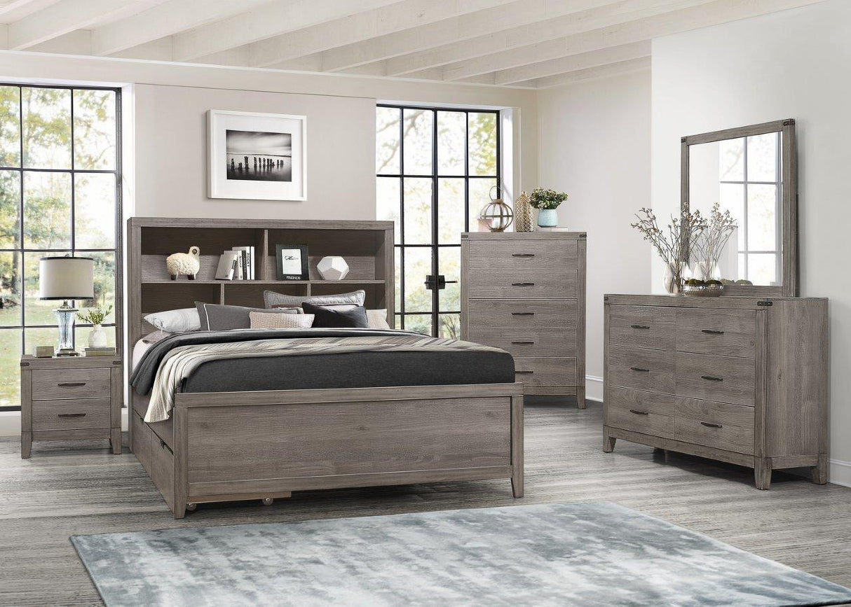 Woodrow Brownish Gray Platform Bookcase Bedroom Set