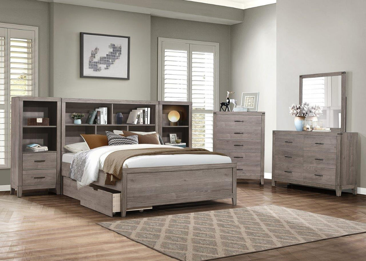 Woodrow Brownish Gray Platform Bookcase Bedroom Set