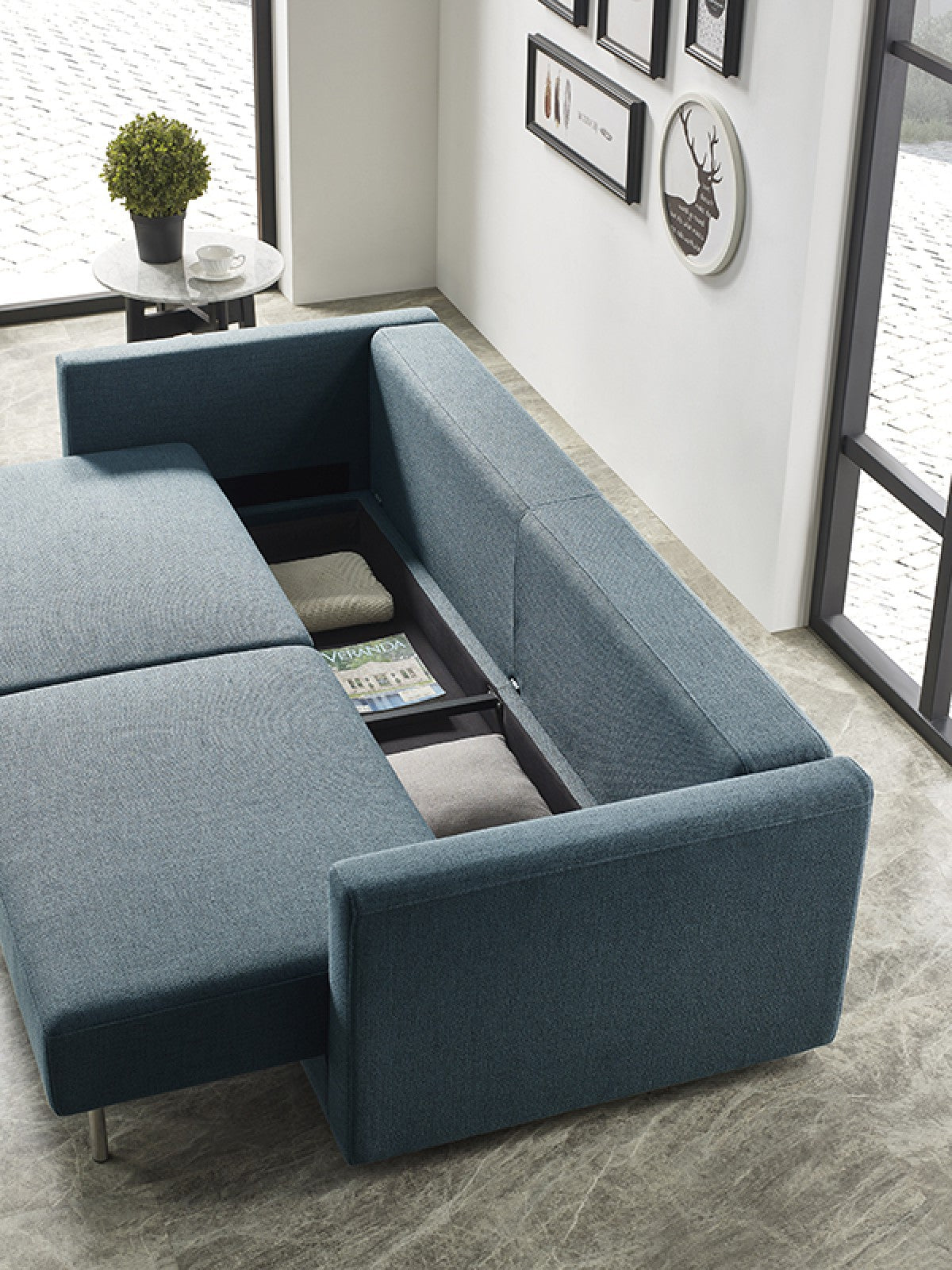 Divani Casa Fredonia Modern Blue-Green Fabric Sofa Bed W/ Storage