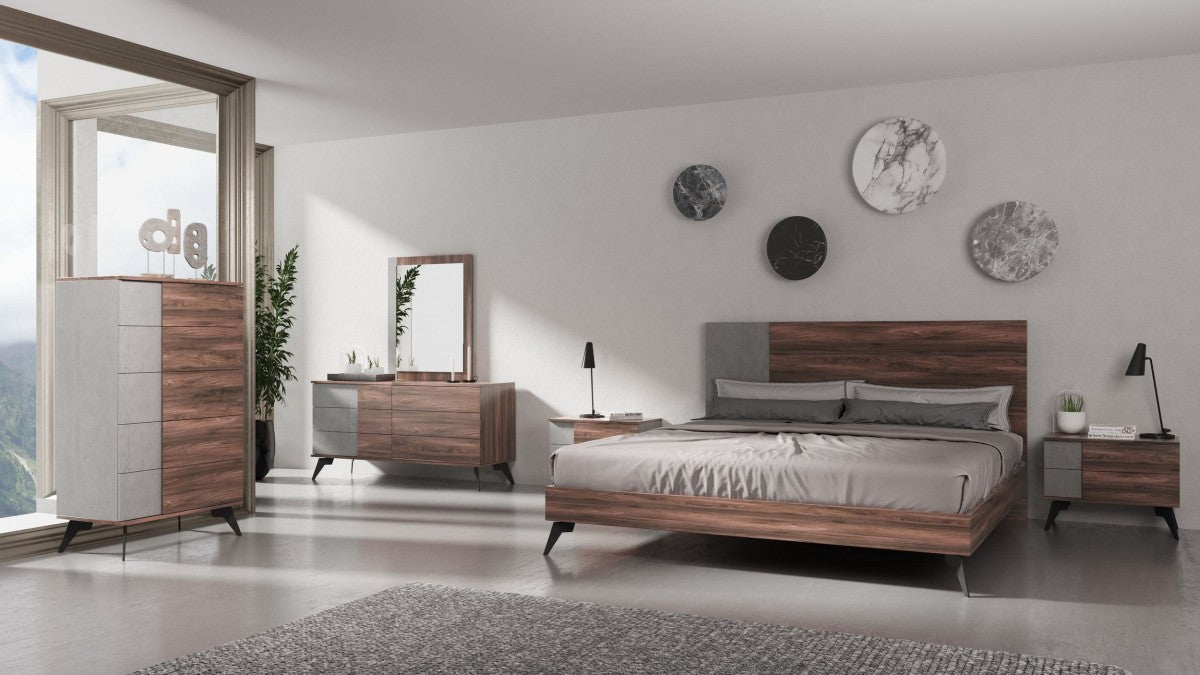 Palermo Queen Bed - Modern Italian Faux Concrete & Walnut Bed